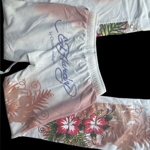 vintage new with tag extra small Ed Hardy Cream Lounge Pants hibicus pink